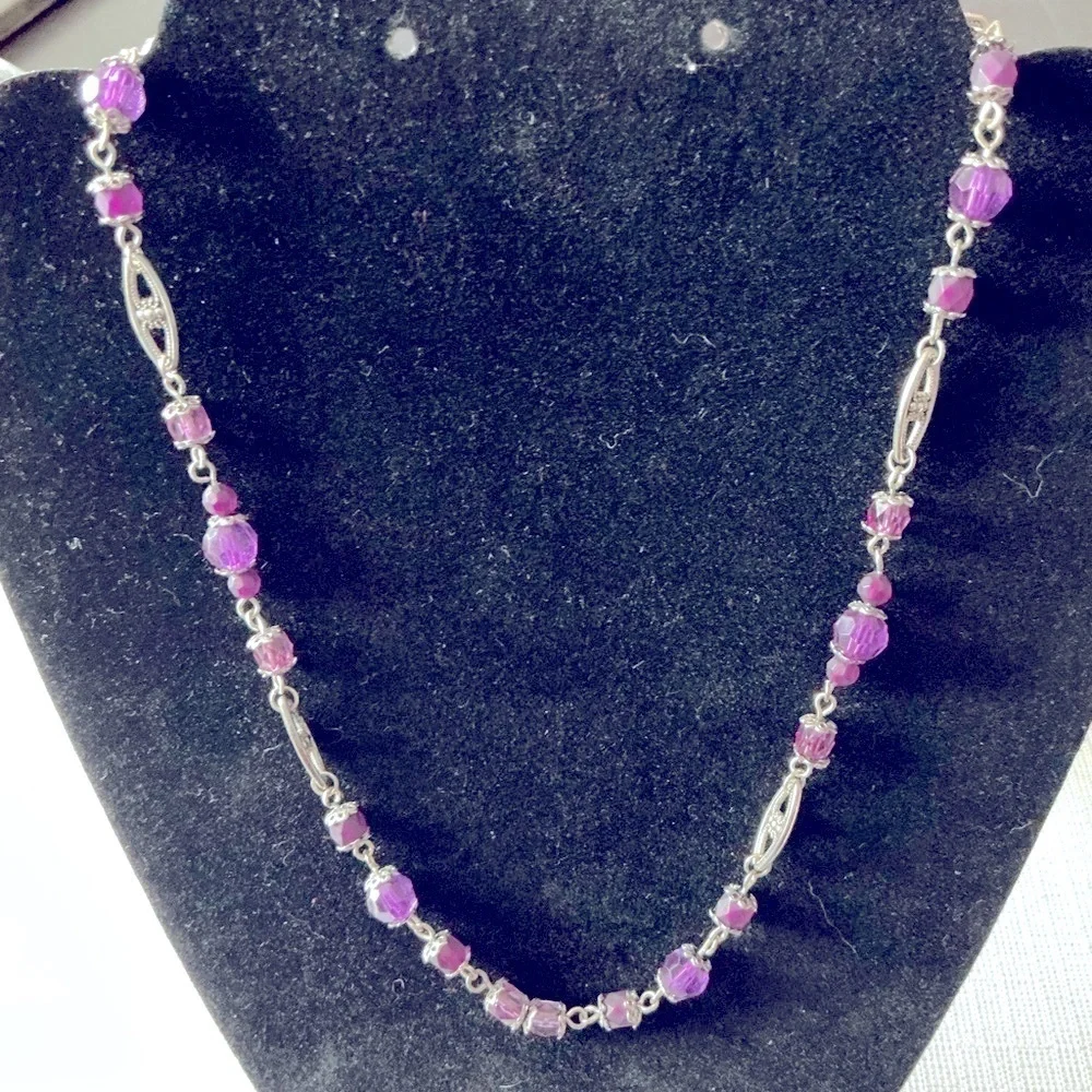 Purple Bead Silver Tone Necklace